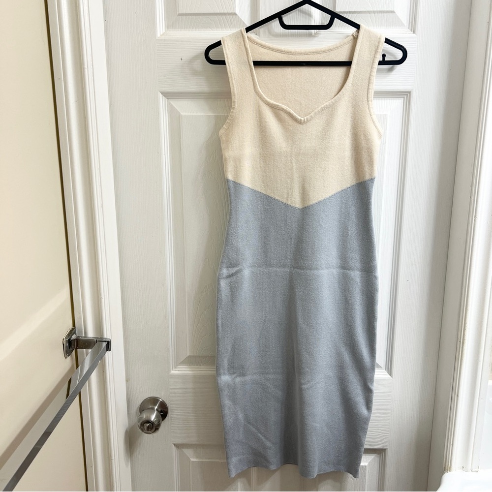 Two Tone Colour Block Cream Periwinkle Blue Sleeveless Tank Knitted Dress
